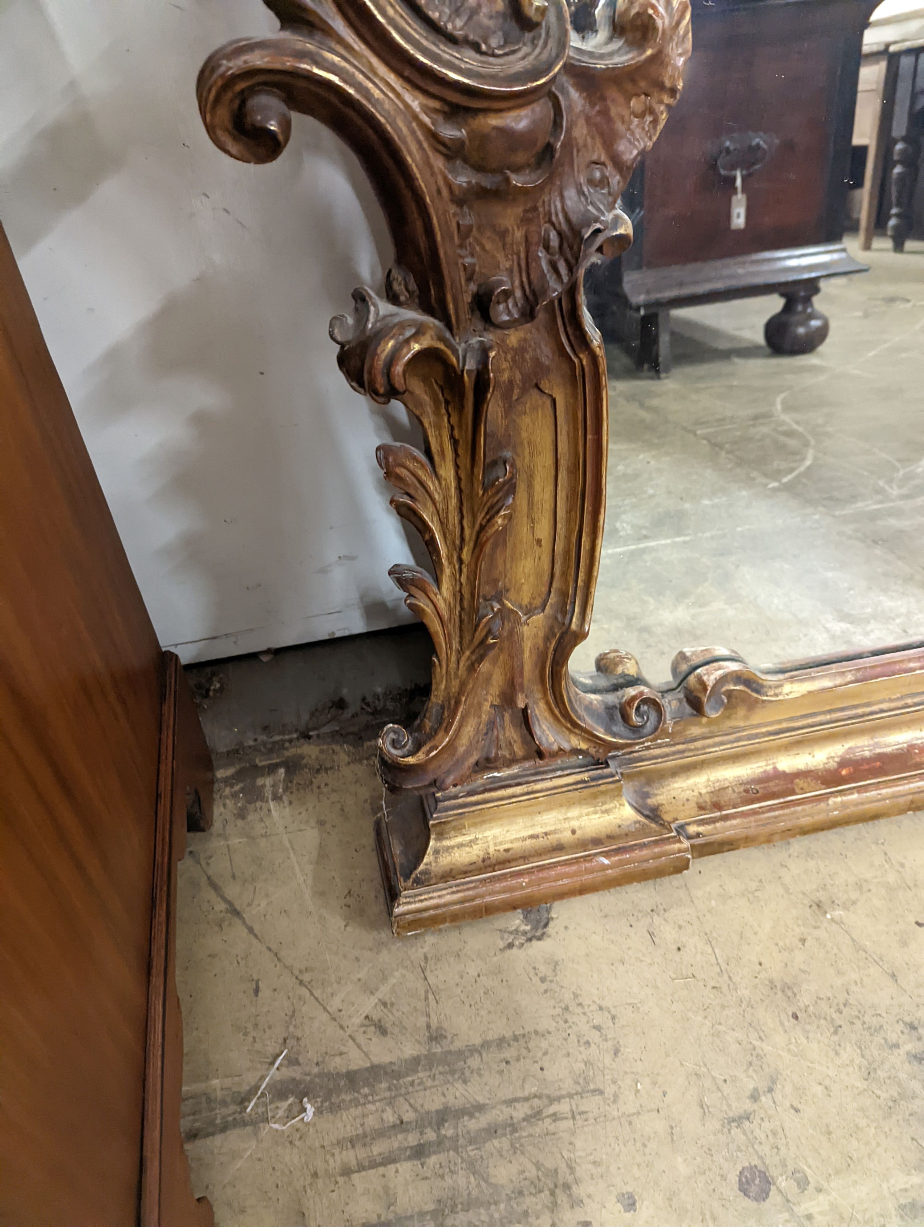 A large Victorian gilt framed landscape overmantel mirror. W-260cm, D-11cm, H-96cm.